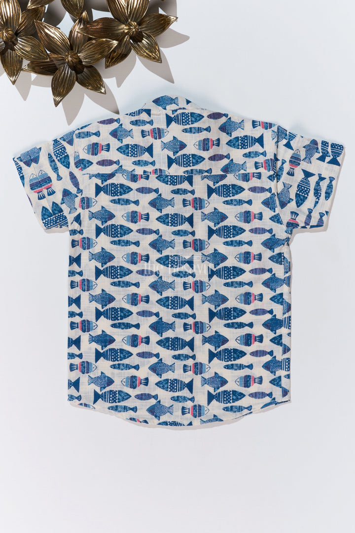 The Nesavu Boys Cotton Shirt Boys Half Hand Printed Shirt in Pure Cotton with Nautical Fish Motifs for a Trendy Look Nesavu Nesavu Boys Half Hand Printed Cotton Shirt Nautical Fish Motifs Casual Style