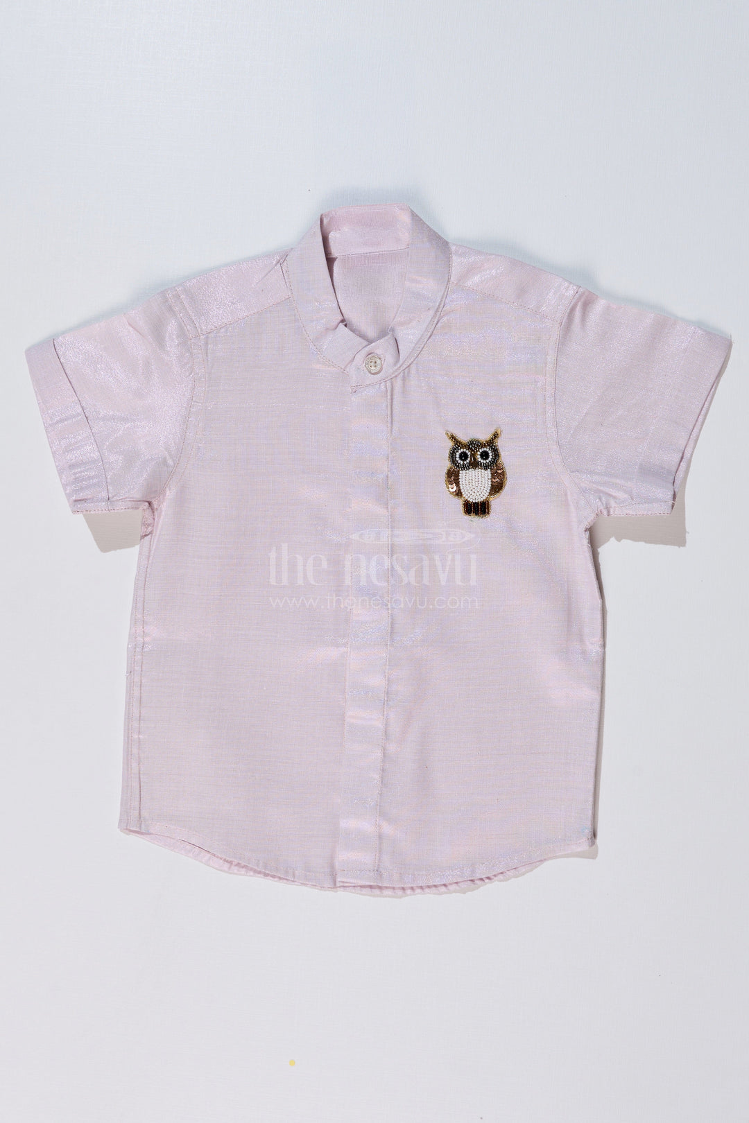 The Nesavu Boys Silk Shirt Boys Half Shirt White with Embroidered Owl Motif and Mandarin Collar Nesavu 16 (1Y) / Silver BS222AA-16 Nesavu Boys Half Shirt White Owl Embroidery Mandarin Collar Ethnic Wear