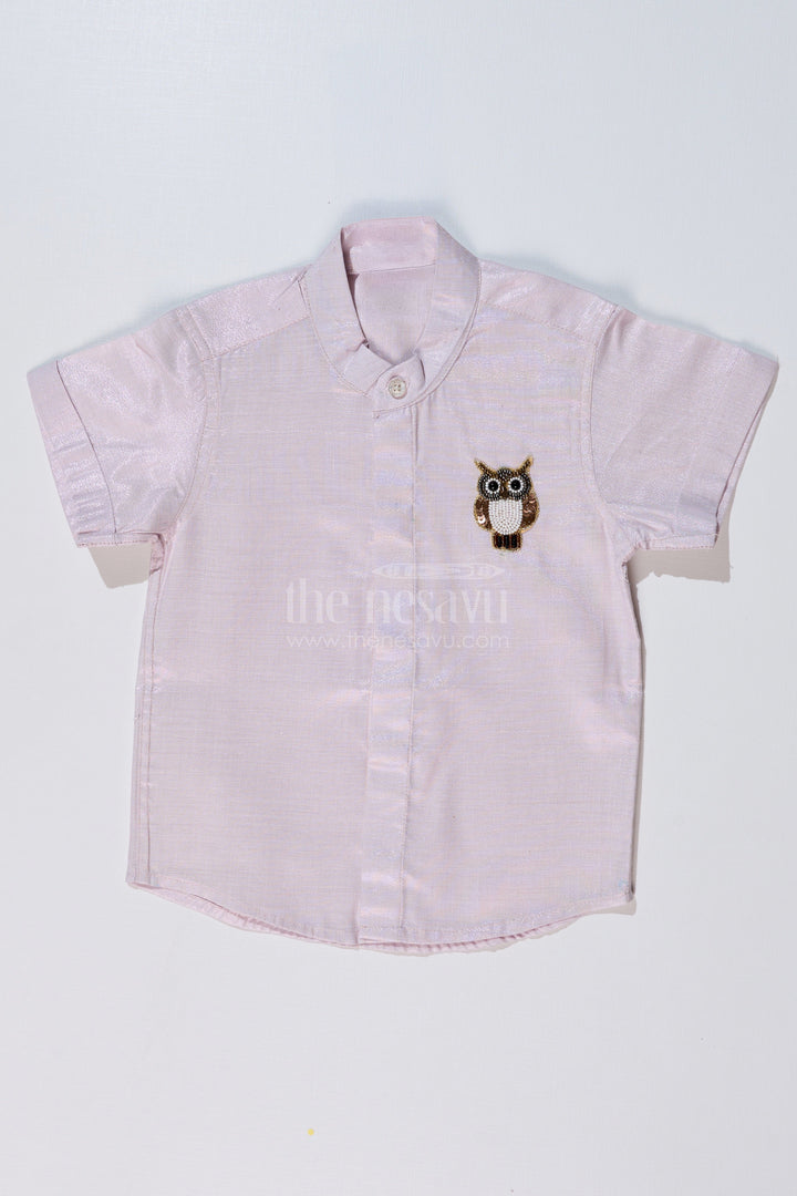 The Nesavu Boys Silk Shirt Boys Half Shirt White with Embroidered Owl Motif and Mandarin Collar Nesavu 16 (1Y) / Silver BS222AA-16 Nesavu Boys Half Shirt White Owl Embroidery Mandarin Collar Ethnic Wear