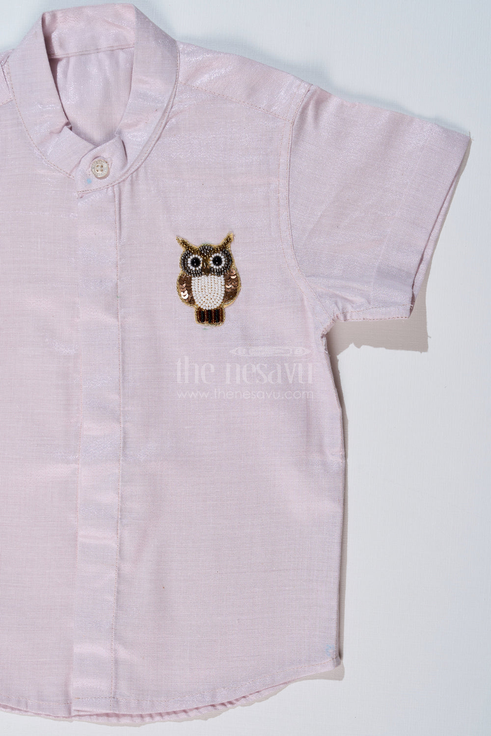 The Nesavu Boys Silk Shirt Boys Half Shirt White with Embroidered Owl Motif and Mandarin Collar Nesavu Nesavu Boys Half Shirt White Owl Embroidery Mandarin Collar Ethnic Wear