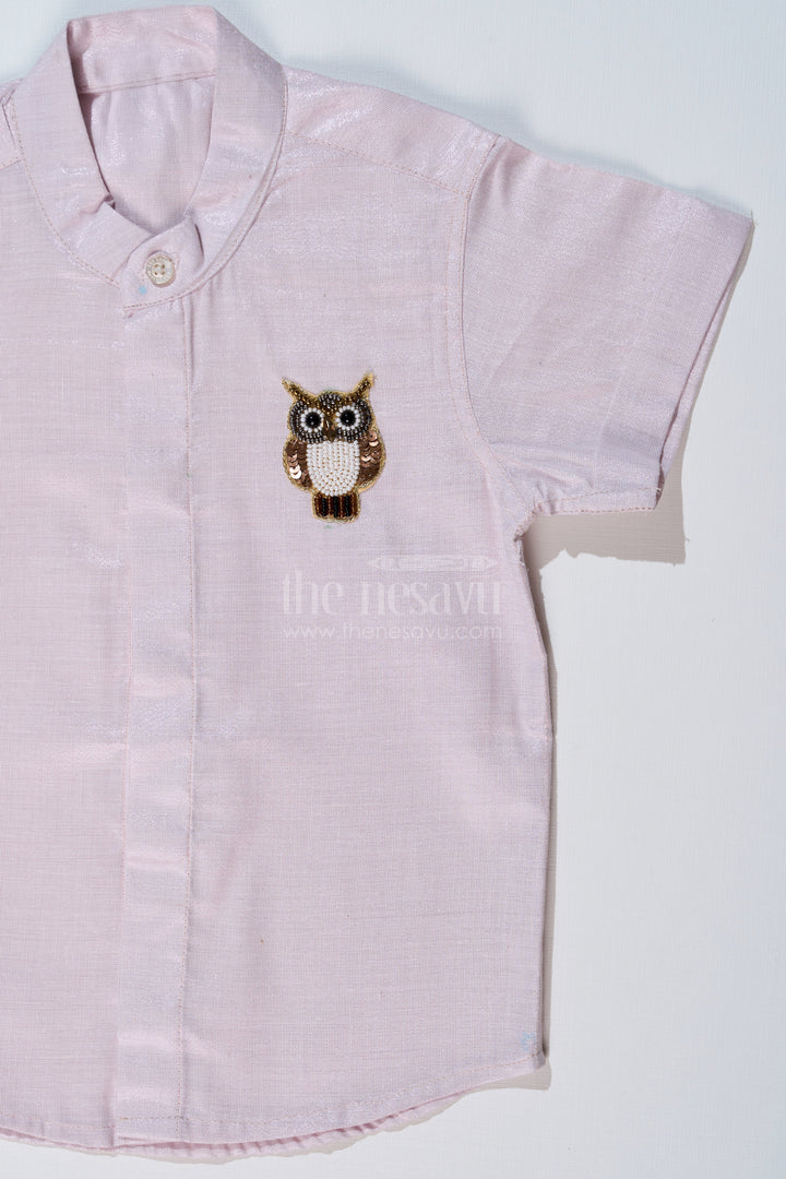 The Nesavu Boys Silk Shirt Boys Half Shirt White with Embroidered Owl Motif and Mandarin Collar Nesavu Nesavu Boys Half Shirt White Owl Embroidery Mandarin Collar Ethnic Wear