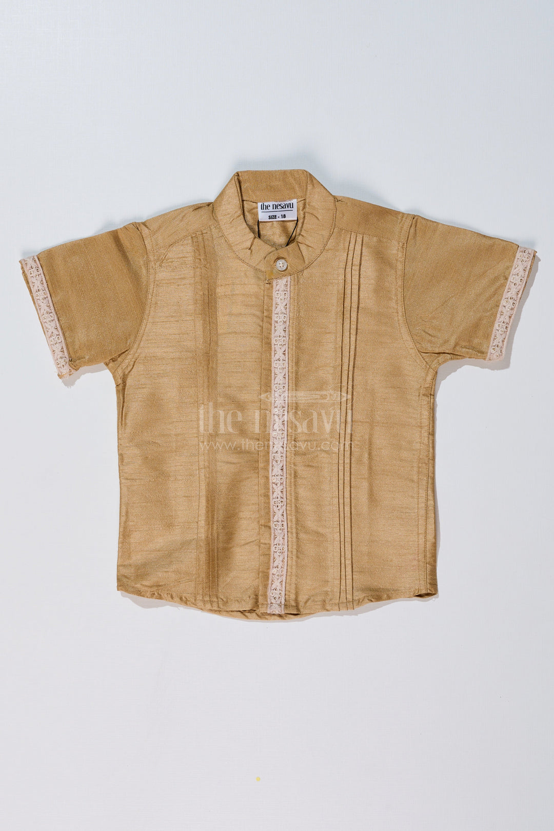 The Nesavu Boys Silk Shirt Boys Half Shirt with Elegant Pleats and Lace Detailing for Traditional and Festive Wear Nesavu 16 (1Y) / Beige BS226B-16 Nesavu Boys Half Shirt Elegant Pleats Lace Detailing Traditional Wear