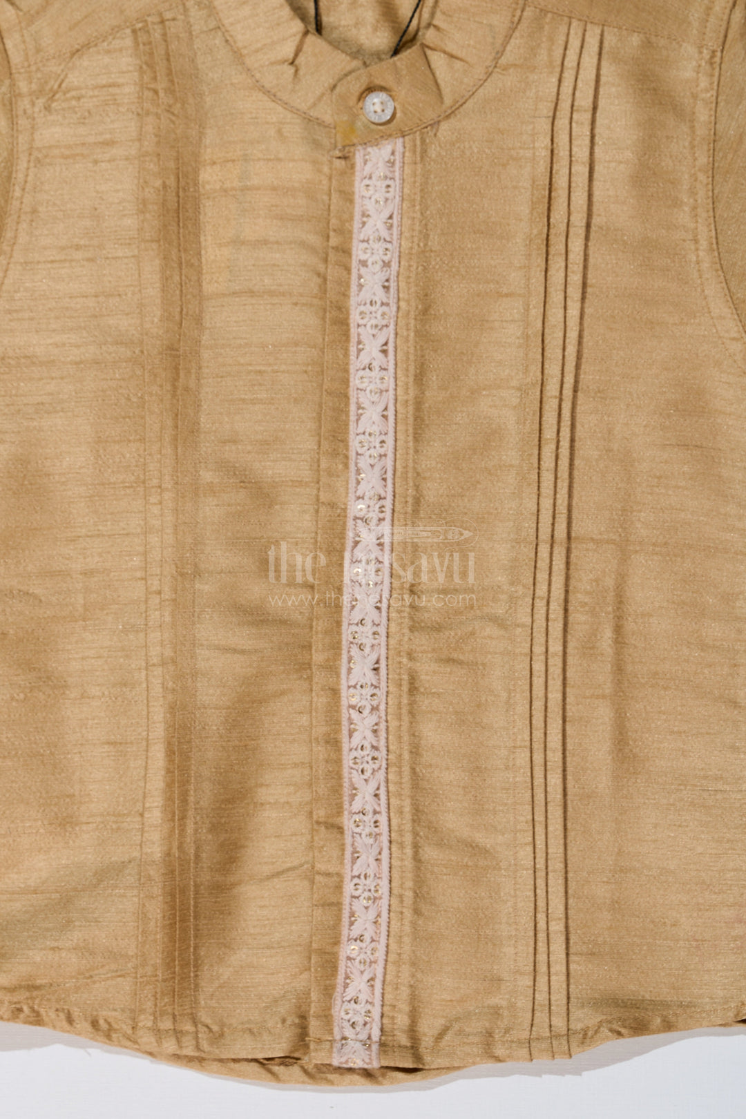 The Nesavu Boys Silk Shirt Boys Half Shirt with Elegant Pleats and Lace Detailing for Traditional and Festive Wear Nesavu Nesavu Boys Half Shirt Elegant Pleats Lace Detailing Traditional Wear