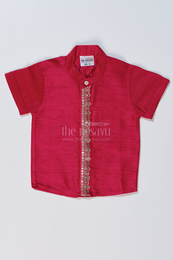 The Nesavu Boys Silk Shirt Boys Half Sleeve Collar Shirt in Silk Blend with Decorative Embroidery for Ethnic Wear Nesavu 16 (1Y) / Magenta BS237B-16 Nesavu Boys Half Sleeve Silk Shirt Collar Embroidered Panel Traditional Wear