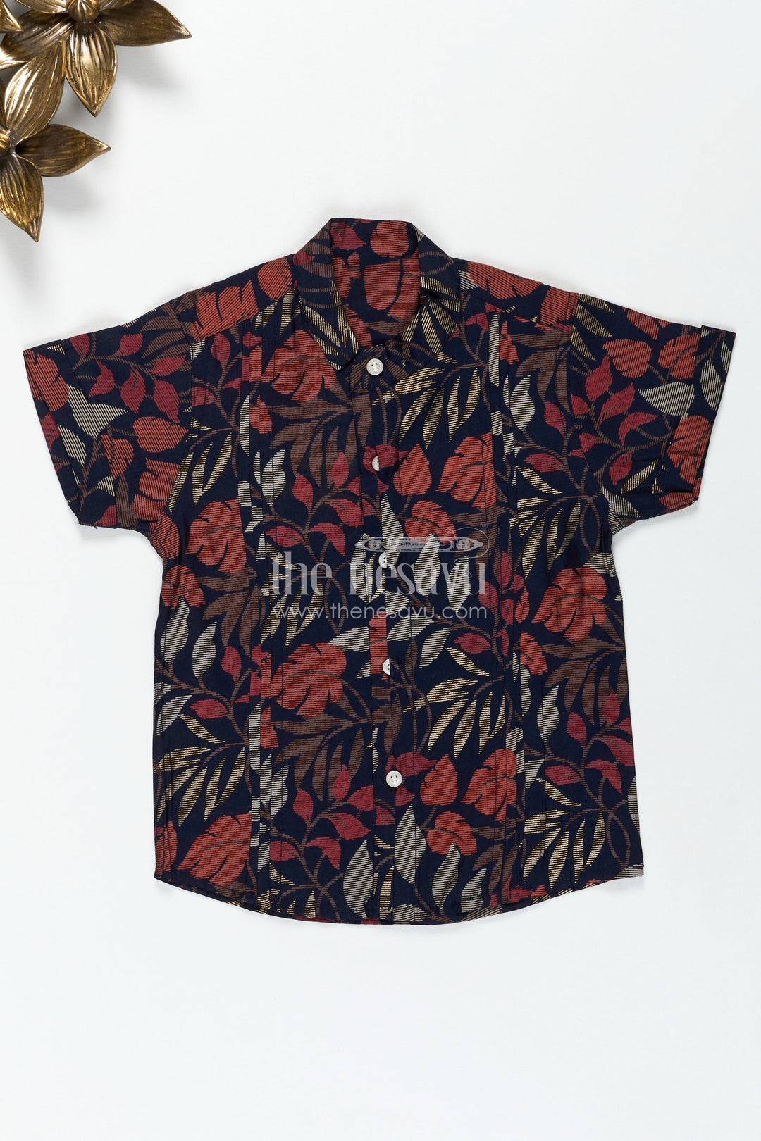 The Nesavu Boys Cotton Shirt Boys Half Sleeve Shirt for Cultural Events with Earthy Leaf Print in Soft Modal Silk Fabric Nesavu 16 (1Y) / Black BS260A-16 Nesavu Boys Half Sleeve Modal Silk Shirt Leaf Print Cultural Functions Festive Comfort