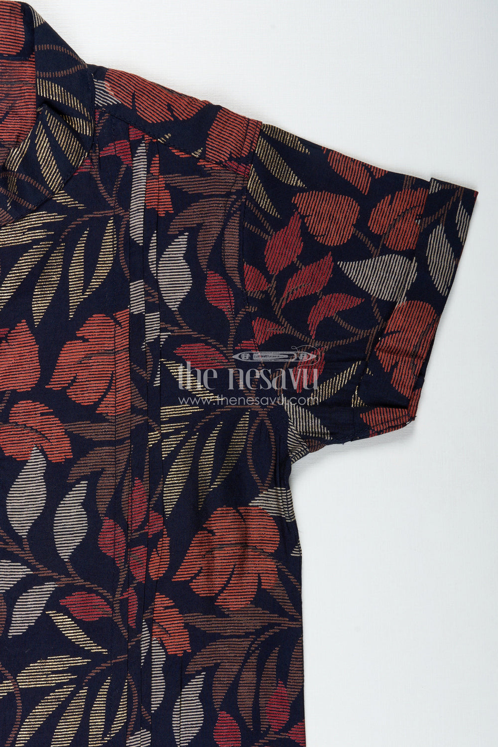 The Nesavu Boys Cotton Shirt Boys Half Sleeve Shirt for Cultural Events with Earthy Leaf Print in Soft Modal Silk Fabric Nesavu Nesavu Boys Half Sleeve Modal Silk Shirt Leaf Print Cultural Functions Festive Comfort