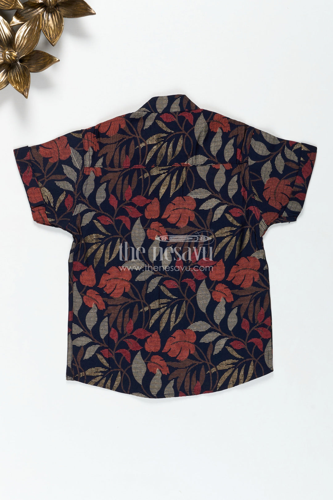 The Nesavu Boys Cotton Shirt Boys Half Sleeve Shirt for Cultural Events with Earthy Leaf Print in Soft Modal Silk Fabric Nesavu Nesavu Boys Half Sleeve Modal Silk Shirt Leaf Print Cultural Functions Festive Comfort
