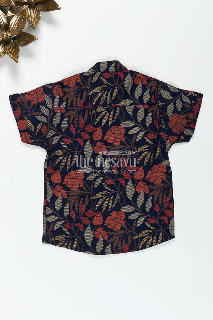 The Nesavu Boys Cotton Shirt Boys Half Sleeve Shirt for Cultural Events with Earthy Leaf Print in Soft Modal Silk Fabric Nesavu Nesavu Boys Half Sleeve Modal Silk Shirt Leaf Print Cultural Functions Festive Comfort