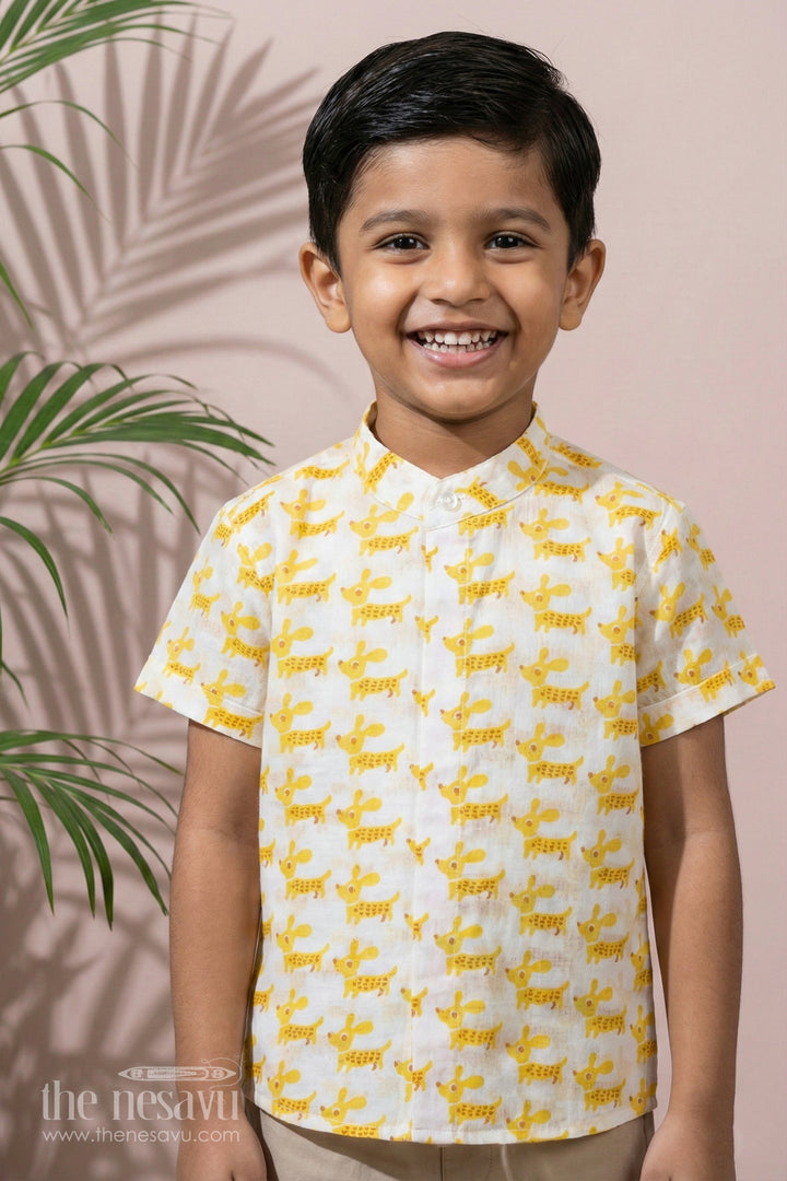 The Nesavu Boys Cotton Shirt Boys Half Sleeve Yellow Shirt in Cotton Block Print with Fun Dog Print Nesavu 16 (1Y) / Yellow BS245B-16 Boys Half Sleeve Yellow Shirt Cotton Block Print Playful Dog Print | The Nesavu