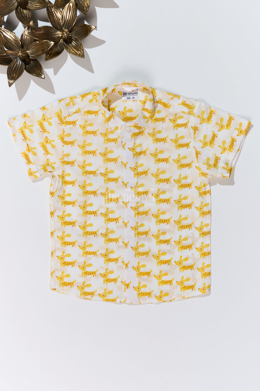 The Nesavu Boys Cotton Shirt Boys Half Sleeve Yellow Shirt in Cotton Block Print with Fun Dog Print Nesavu 16 (1Y) / Yellow BS245B-16 Nesavu Boys Half Sleeve Yellow Shirt Cotton Block Print Playful Dog Print