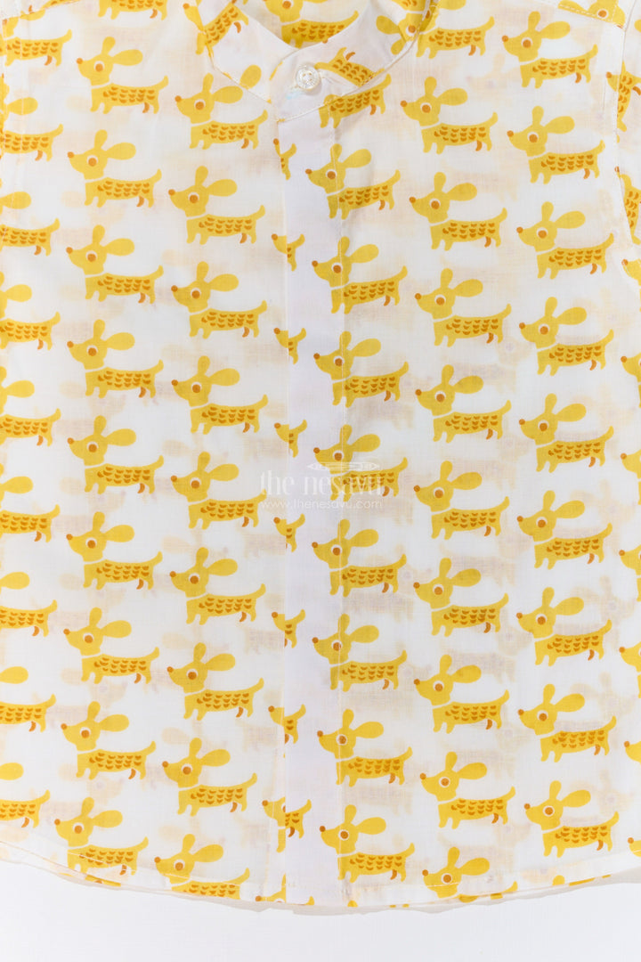 The Nesavu Boys Cotton Shirt Boys Half Sleeve Yellow Shirt in Cotton Block Print with Fun Dog Print Nesavu Nesavu Boys Half Sleeve Yellow Shirt Cotton Block Print Playful Dog Print