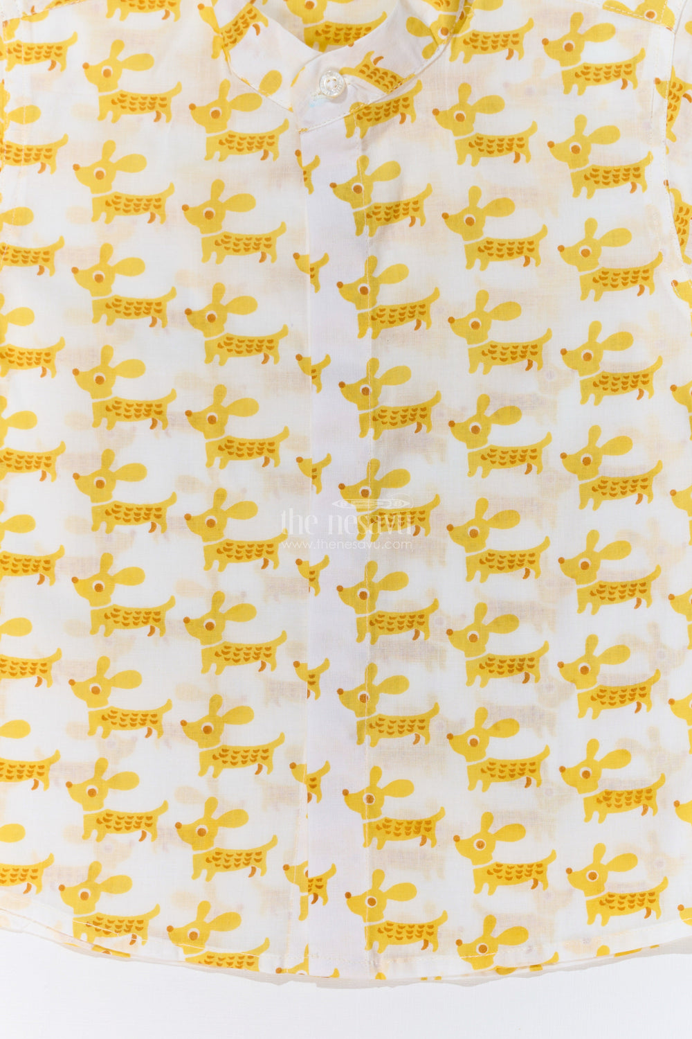 The Nesavu Boys Cotton Shirt Boys Half Sleeve Yellow Shirt in Cotton Block Print with Fun Dog Print Nesavu Nesavu Boys Half Sleeve Yellow Shirt Cotton Block Print Playful Dog Print