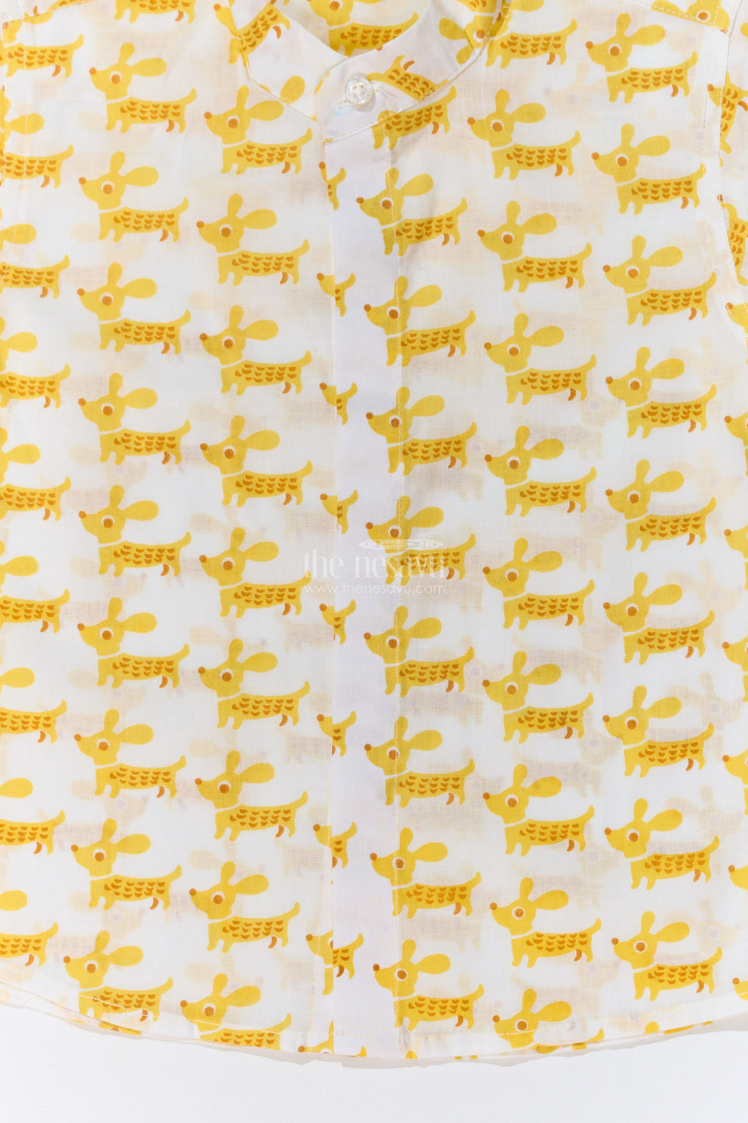 The Nesavu Boys Cotton Shirt Boys Half Sleeve Yellow Shirt in Cotton Block Print with Fun Dog Print Nesavu Nesavu Boys Half Sleeve Yellow Shirt Cotton Block Print Playful Dog Print