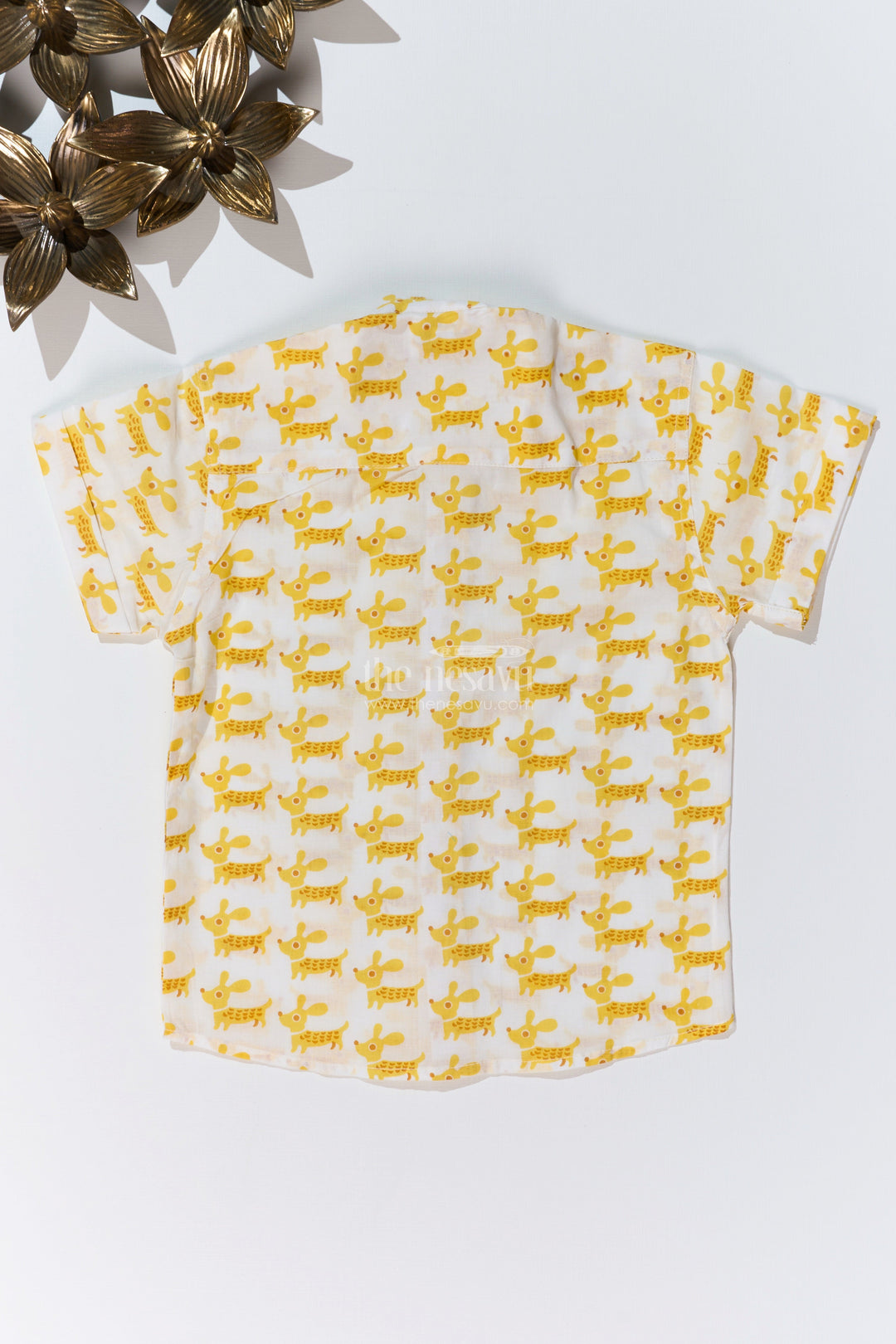 The Nesavu Boys Cotton Shirt Boys Half Sleeve Yellow Shirt in Cotton Block Print with Fun Dog Print Nesavu Nesavu Boys Half Sleeve Yellow Shirt Cotton Block Print Playful Dog Print