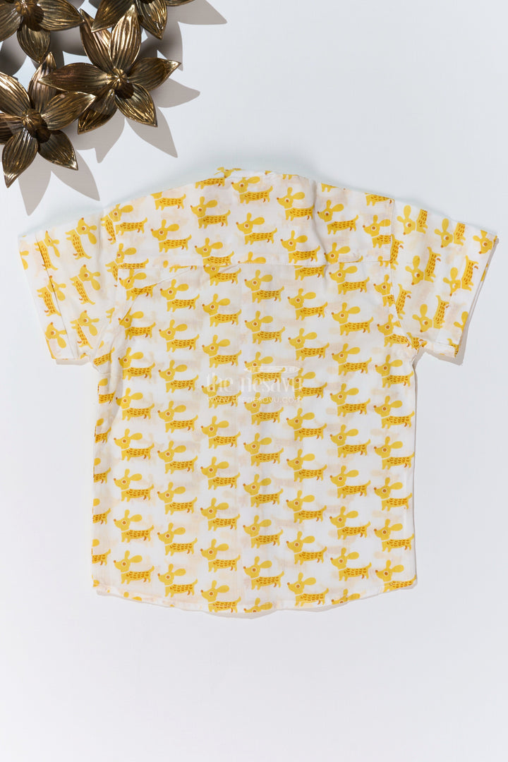 The Nesavu Boys Cotton Shirt Boys Half Sleeve Yellow Shirt in Cotton Block Print with Fun Dog Print Nesavu Nesavu Boys Half Sleeve Yellow Shirt Cotton Block Print Playful Dog Print