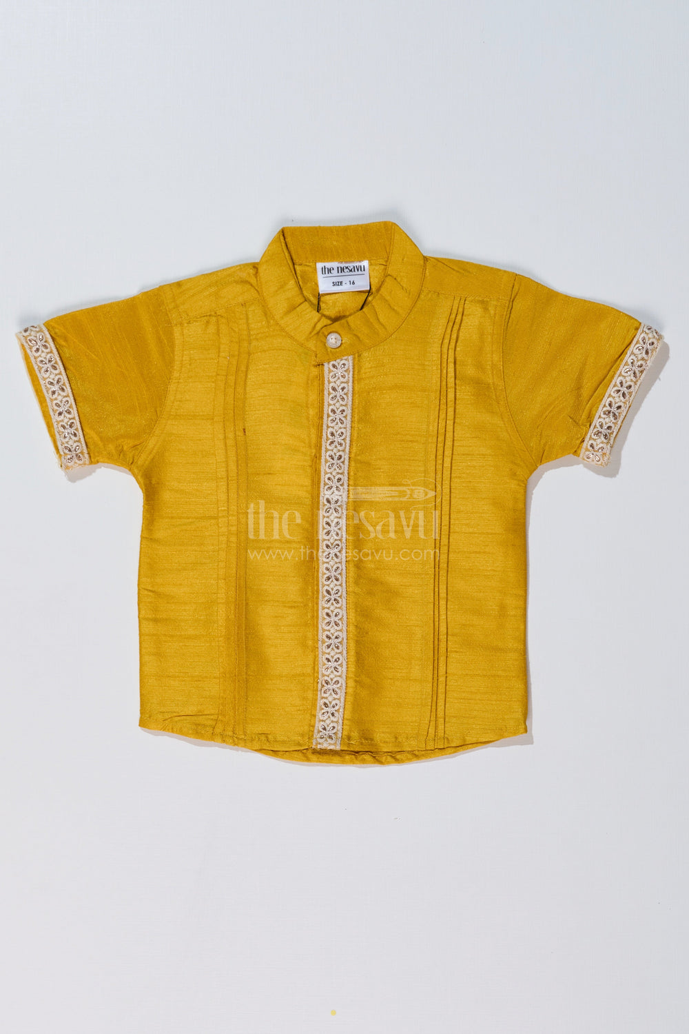 The Nesavu Boys Silk Shirt Boys Half Sleeve Yellow Shirt with Rich Silk Blend and Elegant Lace Detailing for Festive Wear Nesavu 16 (1Y) / Yellow BS229A-16 Nesavu Boys Half Sleeve Yellow Shirt Silk Blend Fabric Elegant Lace Embroidery