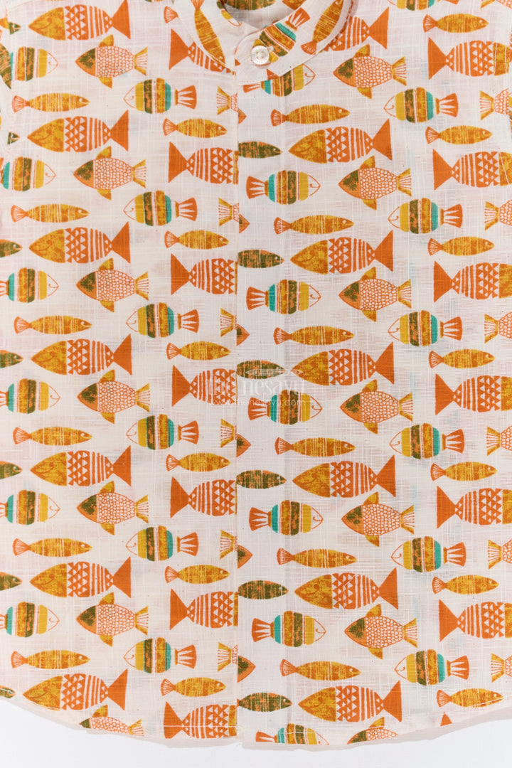 The Nesavu Boys Cotton Shirt Boys Half Sleeves Printed Shirt in Cotton with Vibrant Fish Motifs for Everyday Wear Nesavu Nesavu Boys Cotton Half Sleeves Printed Shirt Fun Fish Motifs Casual Wear