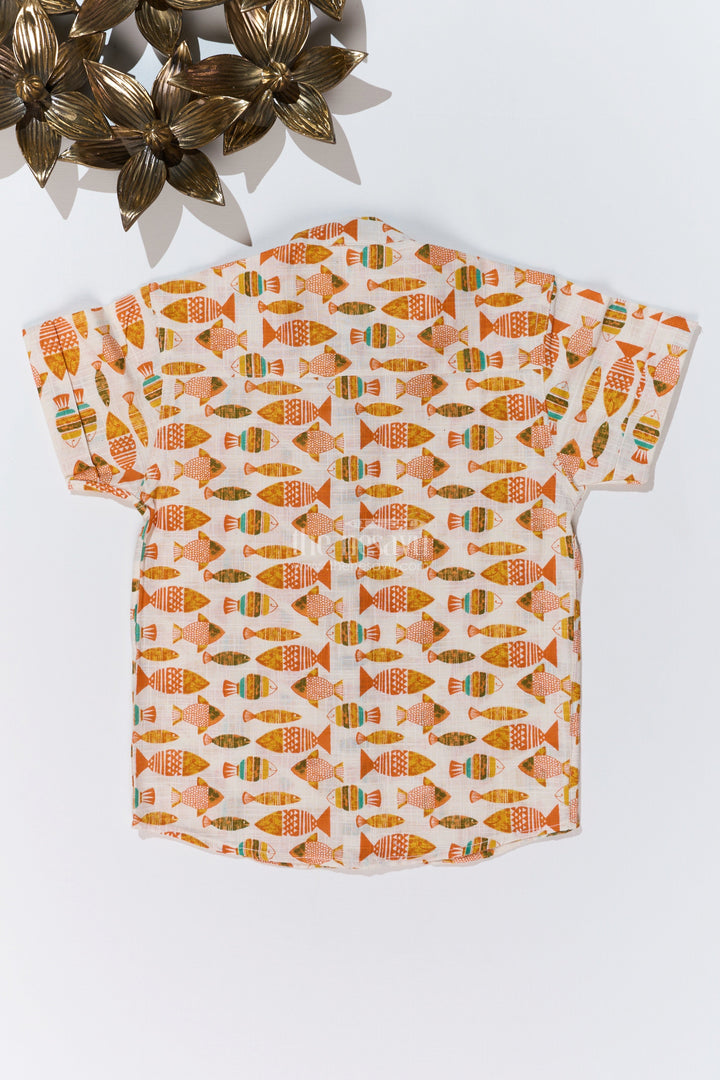 The Nesavu Boys Cotton Shirt Boys Half Sleeves Printed Shirt in Cotton with Vibrant Fish Motifs for Everyday Wear Nesavu Nesavu Boys Cotton Half Sleeves Printed Shirt Fun Fish Motifs Casual Wear