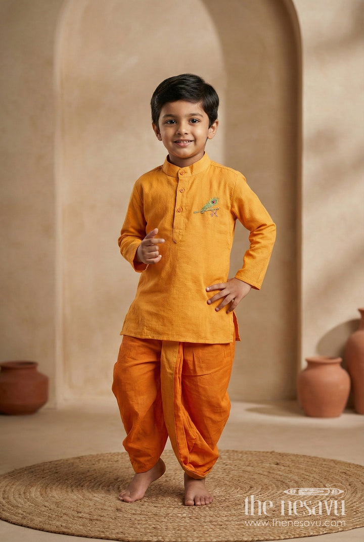 The Nesavu Boys Dothi Set Boys Handloom Cotton Dhoti Kurta Set for Traditional Events and Temple Visits Nesavu 14 (6M) / Yellow BES895B-14 Nesavu boys cotton dhoti kurta set embroidery ideal temple wear traditional ceremonies