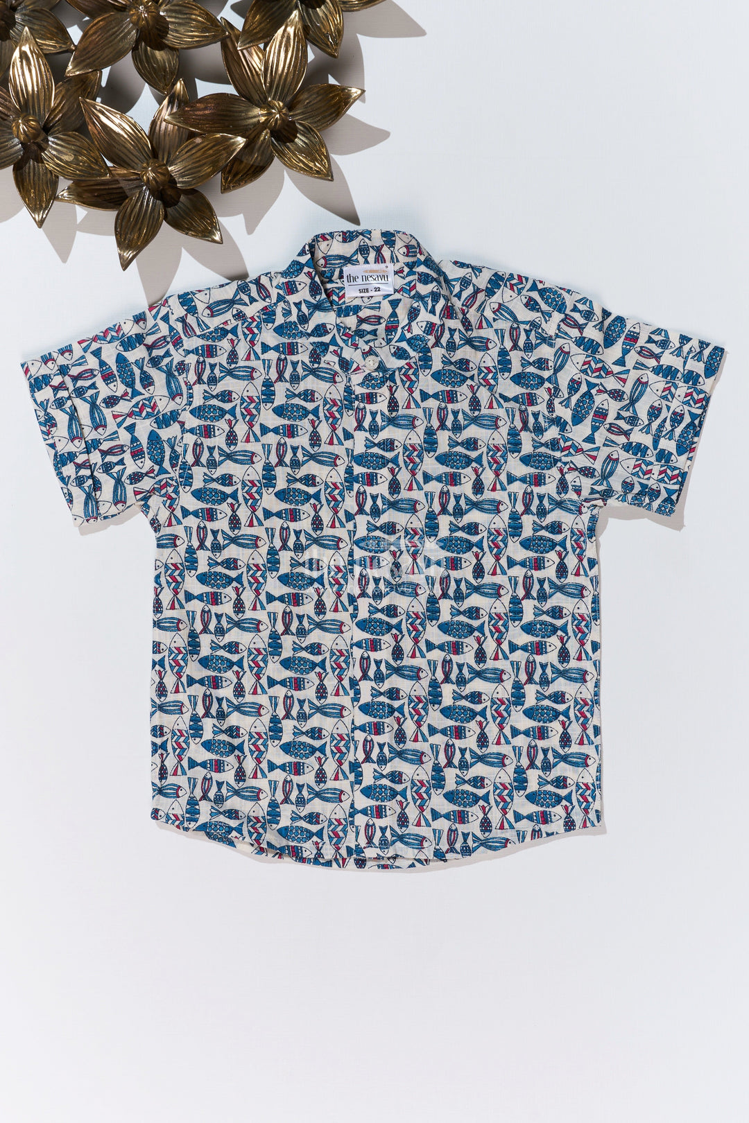 The Nesavu Boys Cotton Shirt Boys Holiday Shirt Dress in Cotton Block Print with Traditional Fish Motif for a Relaxed Look Nesavu 16 (1Y) / Blue BS244D-16 Nesavu Boys Holiday Shirt Dress Cotton Block Print Traditional Fish Motif