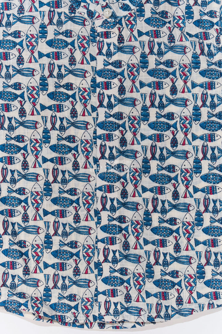 The Nesavu Boys Cotton Shirt Boys Holiday Shirt Dress in Cotton Block Print with Traditional Fish Motif for a Relaxed Look Nesavu Nesavu Boys Holiday Shirt Dress Cotton Block Print Traditional Fish Motif