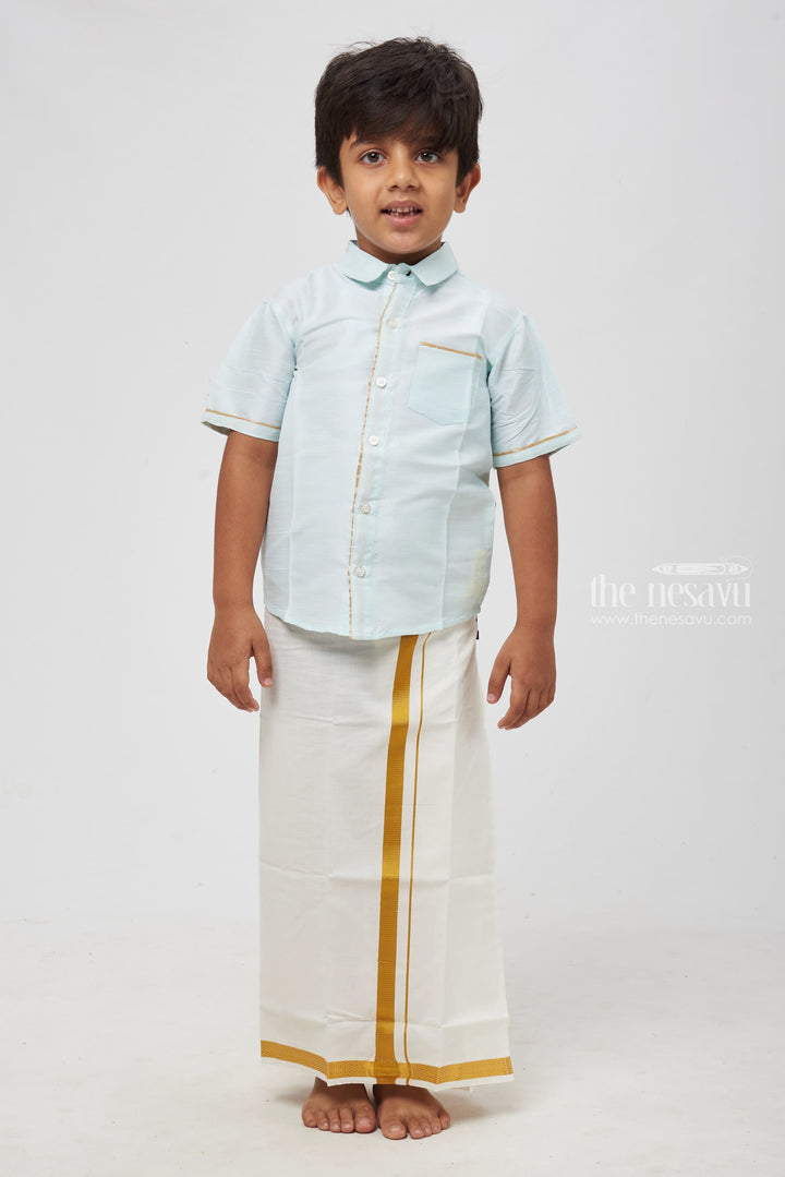 The Nesavu Boys Silk Shirt Boys Ice Blue Silk Shirt with Subtle Golden Trims: A Symphonious Blend of Elegance and Comfort Nesavu 14 (6M) / Blue / Blend Silk BS100A-14 Boys Ice Blue Silk Shirt with Golden Details: Unveiling A New Standard of Elegance | The Nesavu