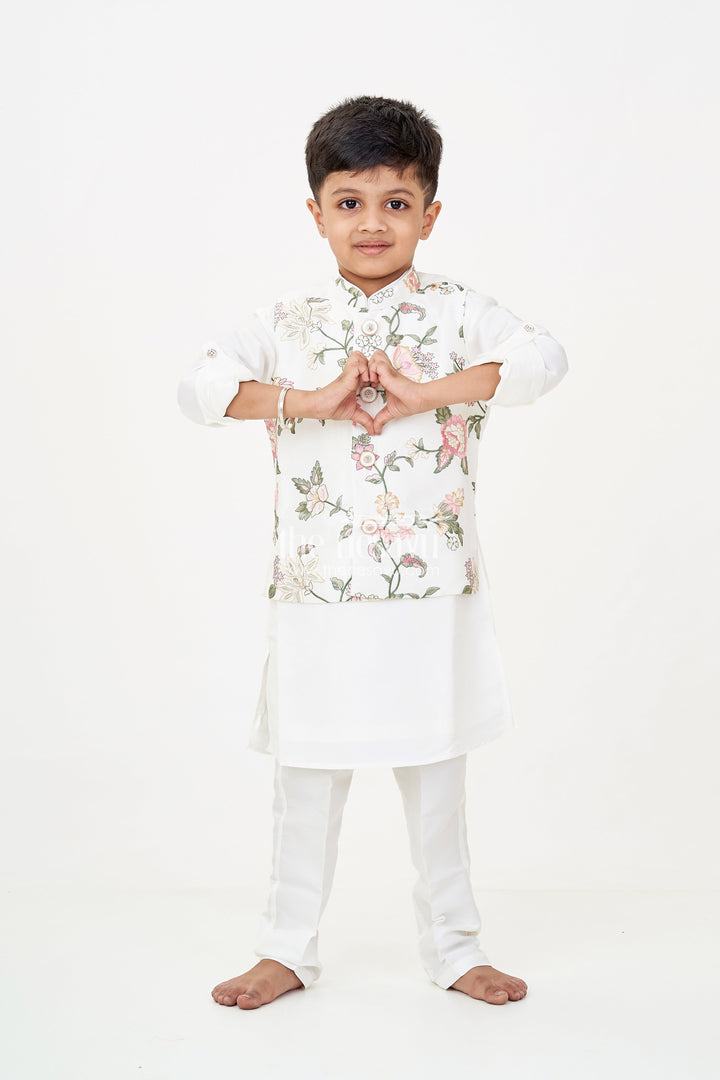 The Nesavu Boys Jacket Sets Boys jacket and kurta set in Ivory with Floral Embroidered Jacket and Silk Blend Finish Nesavu 14 (6M) / Cream BES705A-14 Nesavu Boys jacket kurta set Ivory Floral Embroidery Silk Blend Comfort