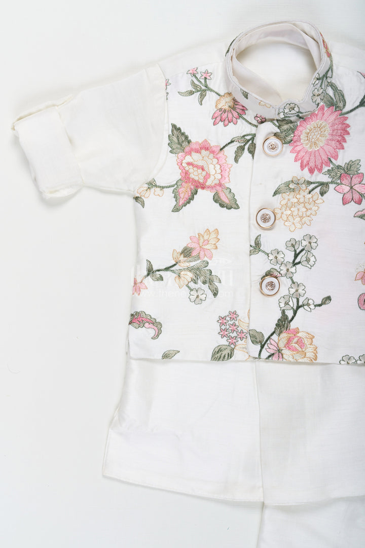 The Nesavu Boys Jacket Sets Boys jacket and kurta set in Ivory with Floral Embroidered Jacket and Silk Blend Finish Nesavu Nesavu Boys jacket kurta set Ivory Floral Embroidery Silk Blend Comfort
