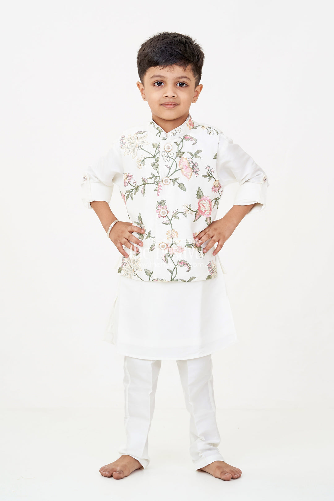 The Nesavu Boys Jacket Sets Boys jacket and kurta set in Ivory with Floral Embroidered Jacket and Silk Blend Finish Nesavu Nesavu Boys jacket kurta set Ivory Floral Embroidery Silk Blend Comfort