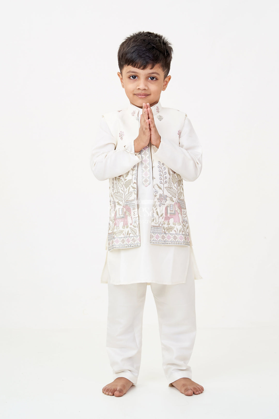 The Nesavu Boys Jacket Sets Boys jacket and pant set with Ivory Silk Blend Embroidered Jacket and Matching Trousers for Classic Festive Look Nesavu 16 (1Y) / White BES706A-16 Nesavu Boys jacket pant set Ivory Silk Blend Floral Embroidery Elegant Occasions