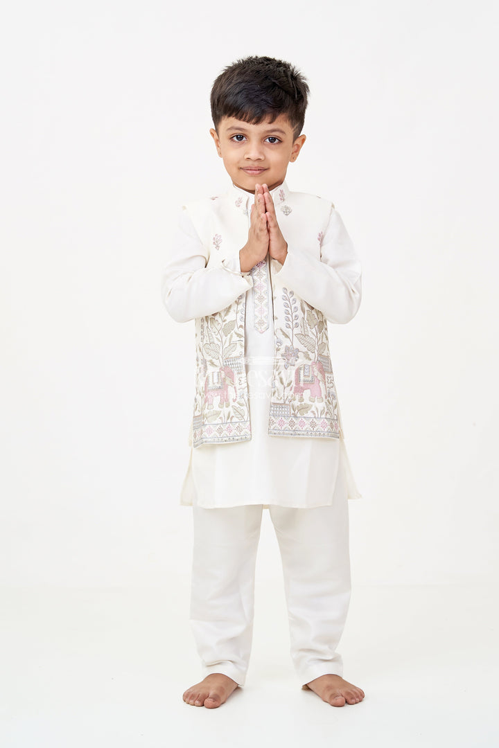 The Nesavu Boys Jacket Sets Boys jacket and pant set with Ivory Silk Blend Embroidered Jacket and Matching Trousers for Classic Festive Look Nesavu 16 (1Y) / White BES706A-16 Nesavu Boys jacket pant set Ivory Silk Blend Floral Embroidery Elegant Occasions