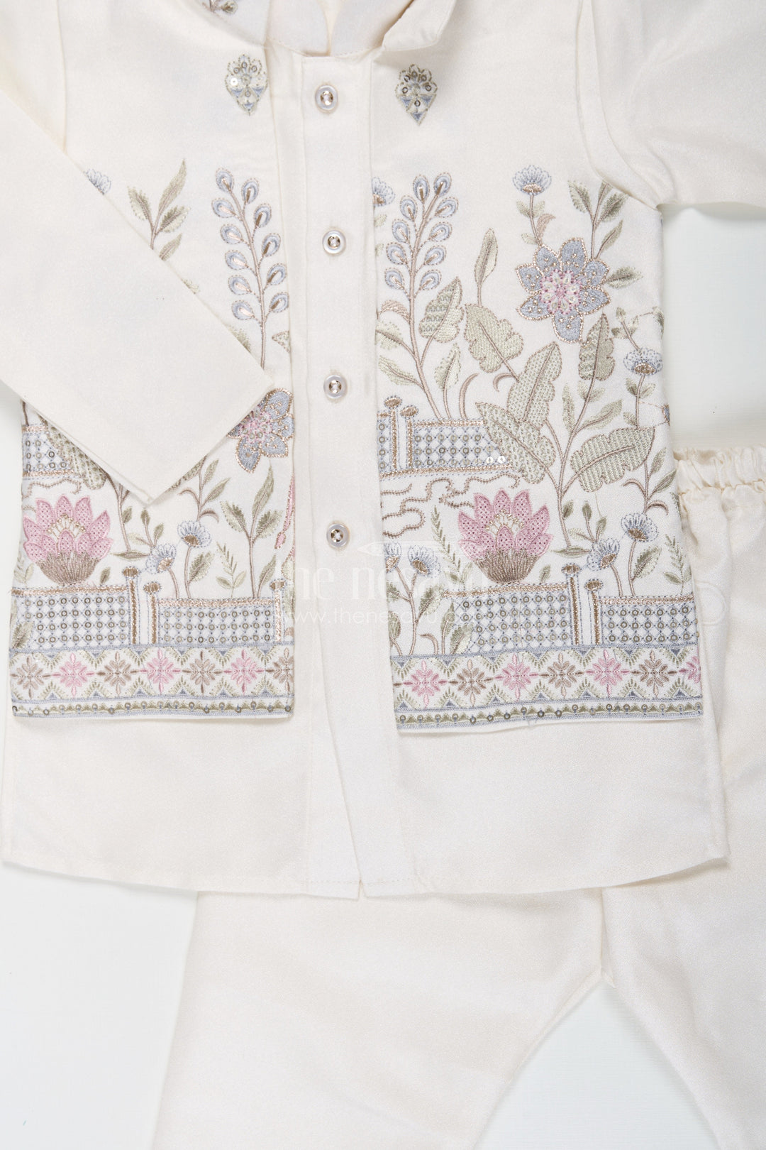 The Nesavu Boys Jacket Sets Boys jacket and pant set with Ivory Silk Blend Embroidered Jacket and Matching Trousers for Classic Festive Look Nesavu Nesavu Boys jacket pant set Ivory Silk Blend Floral Embroidery Elegant Occasions