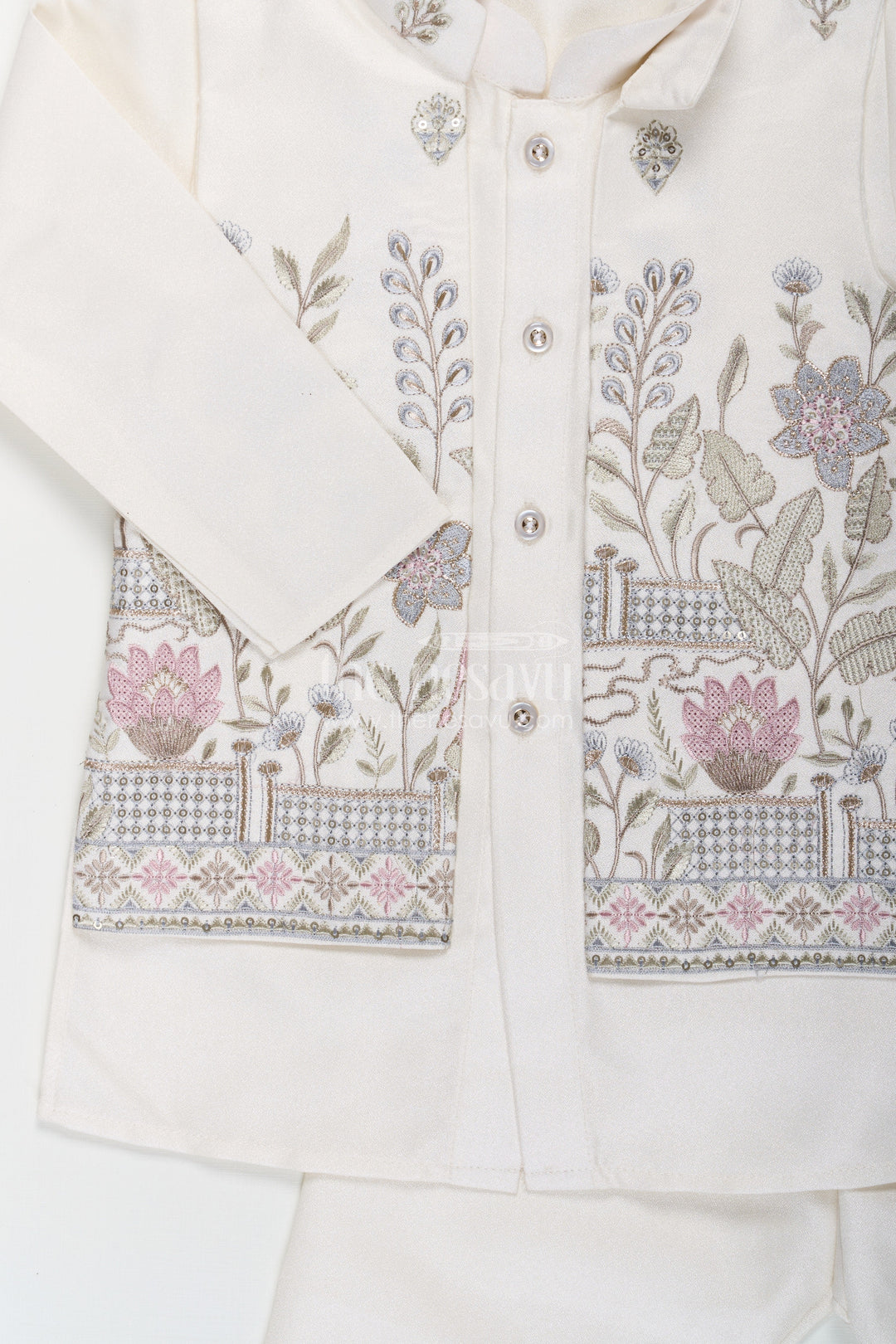 The Nesavu Boys Jacket Sets Boys jacket and pant set with Ivory Silk Blend Embroidered Jacket and Matching Trousers for Classic Festive Look Nesavu Nesavu Boys jacket pant set Ivory Silk Blend Floral Embroidery Elegant Occasions