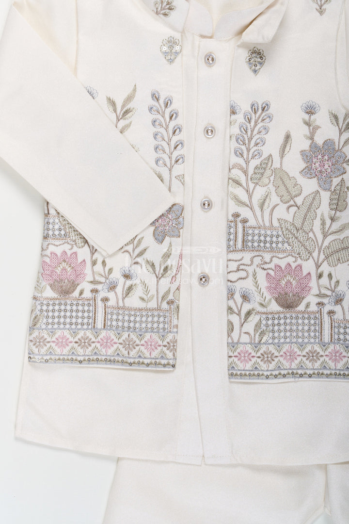 The Nesavu Boys Jacket Sets Boys jacket and pant set with Ivory Silk Blend Embroidered Jacket and Matching Trousers for Classic Festive Look Nesavu Nesavu Boys jacket pant set Ivory Silk Blend Floral Embroidery Elegant Occasions