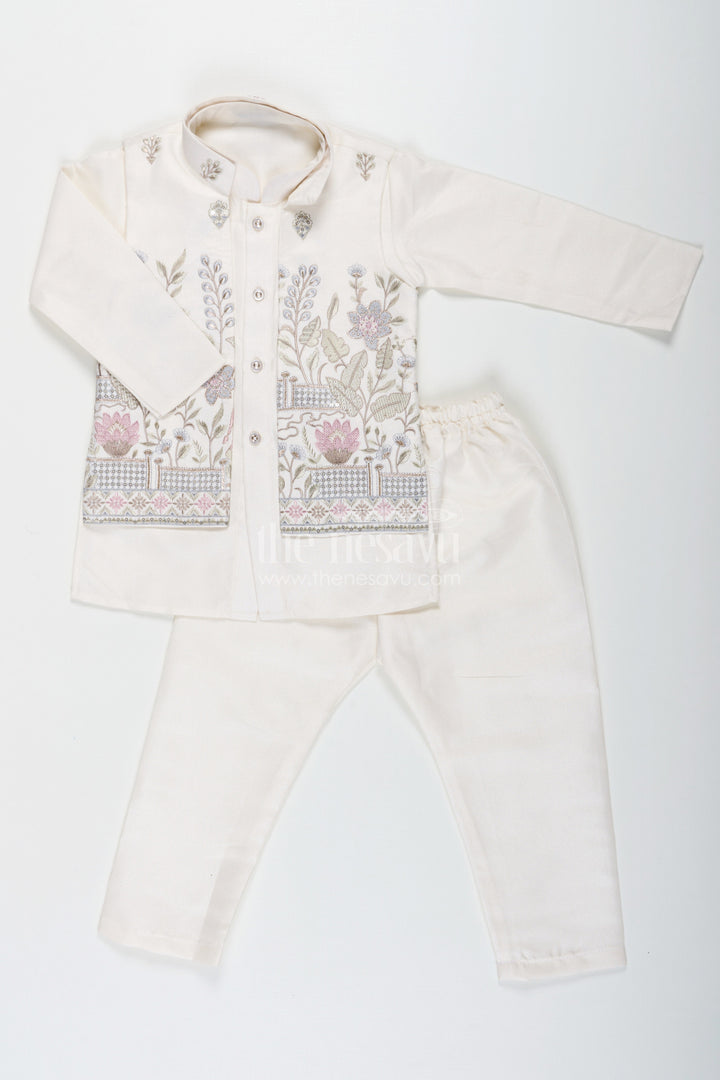 The Nesavu Boys Jacket Sets Boys jacket and pant set with Ivory Silk Blend Embroidered Jacket and Matching Trousers for Classic Festive Look Nesavu Nesavu Boys jacket pant set Ivory Silk Blend Floral Embroidery Elegant Occasions