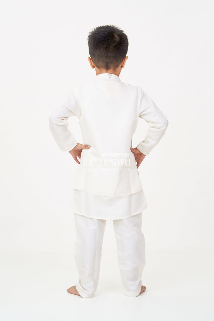 The Nesavu Boys Jacket Sets Boys jacket and pant set with Ivory Silk Blend Embroidered Jacket and Matching Trousers for Classic Festive Look Nesavu Nesavu Boys jacket pant set Ivory Silk Blend Floral Embroidery Elegant Occasions