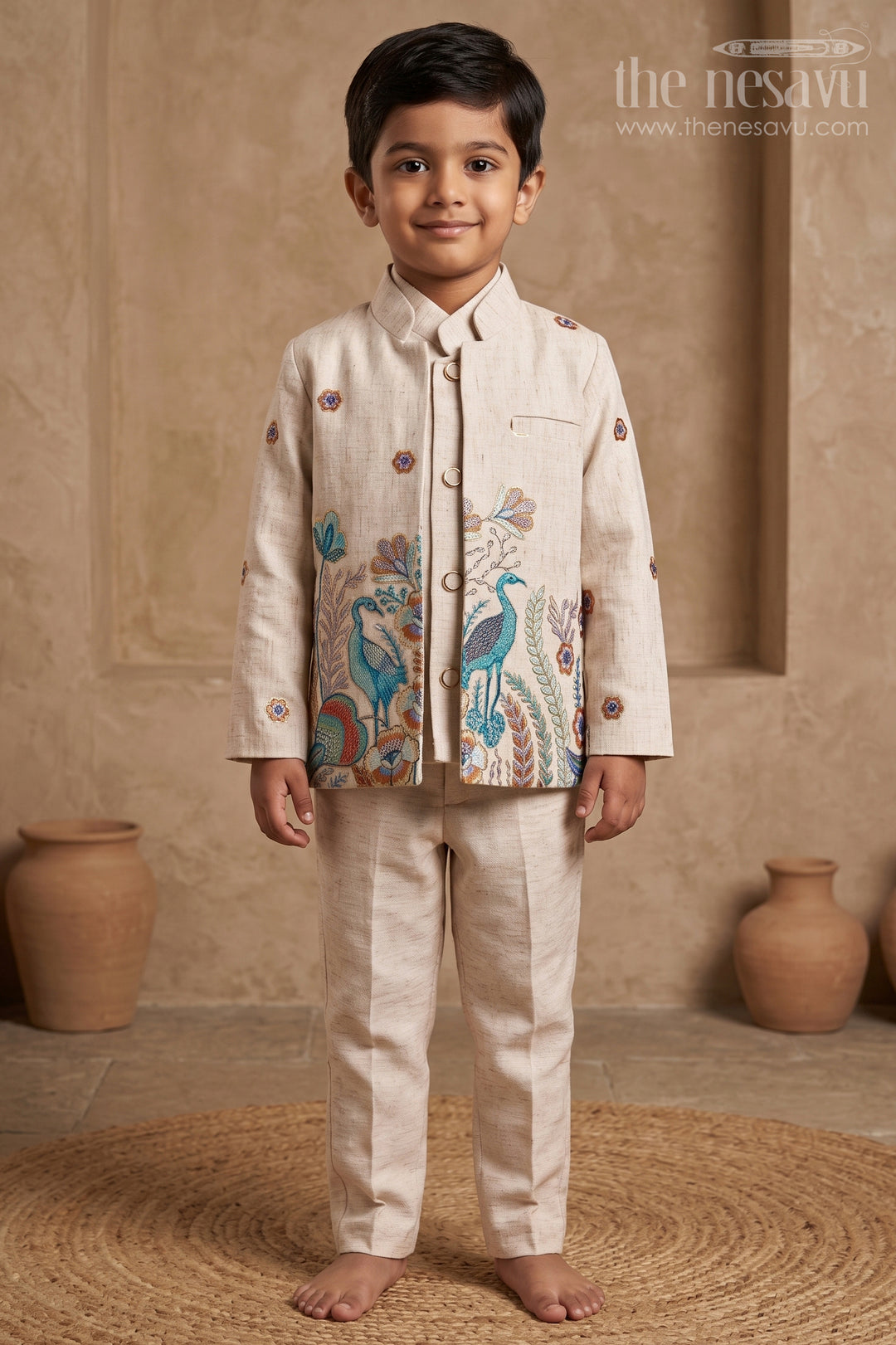The Nesavu Boys Kurtha Set Boys Jacket Dress for Festive Days and Family Gatherings Nesavu 16 (1Y) / Half white / Cotton BES1001A-16 Nesavu Boys Cotton Kurta Set For Festive Wear And Family Gatherings With Digital Print Comfortable Outfit