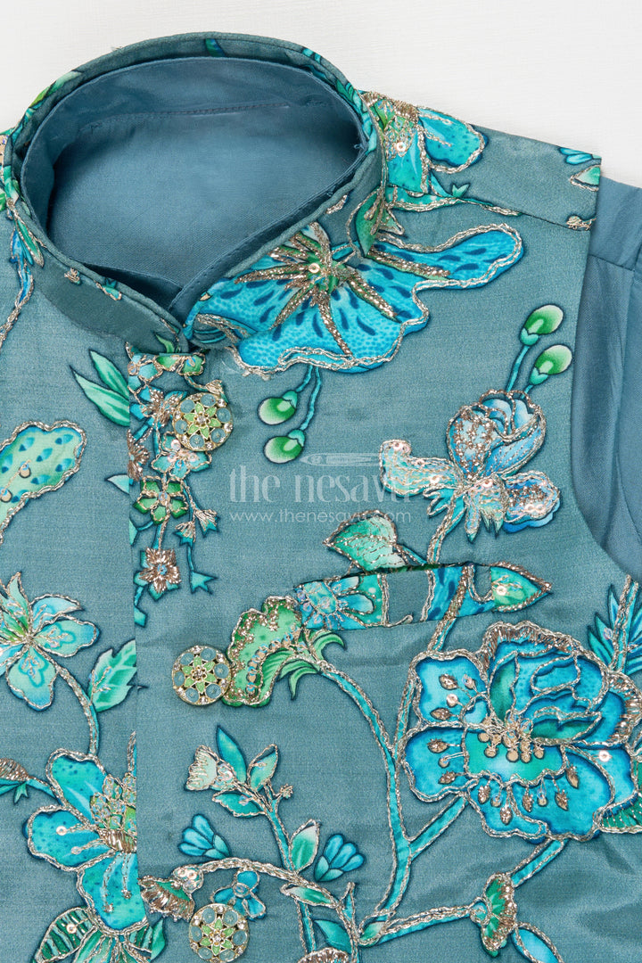 The Nesavu Boys Jacket Sets Boys Jacket Kurta Set for Festive Functions and Weddings Nesavu Nesavu boys jacket kurta set floral embroidery weddings festive occasions
