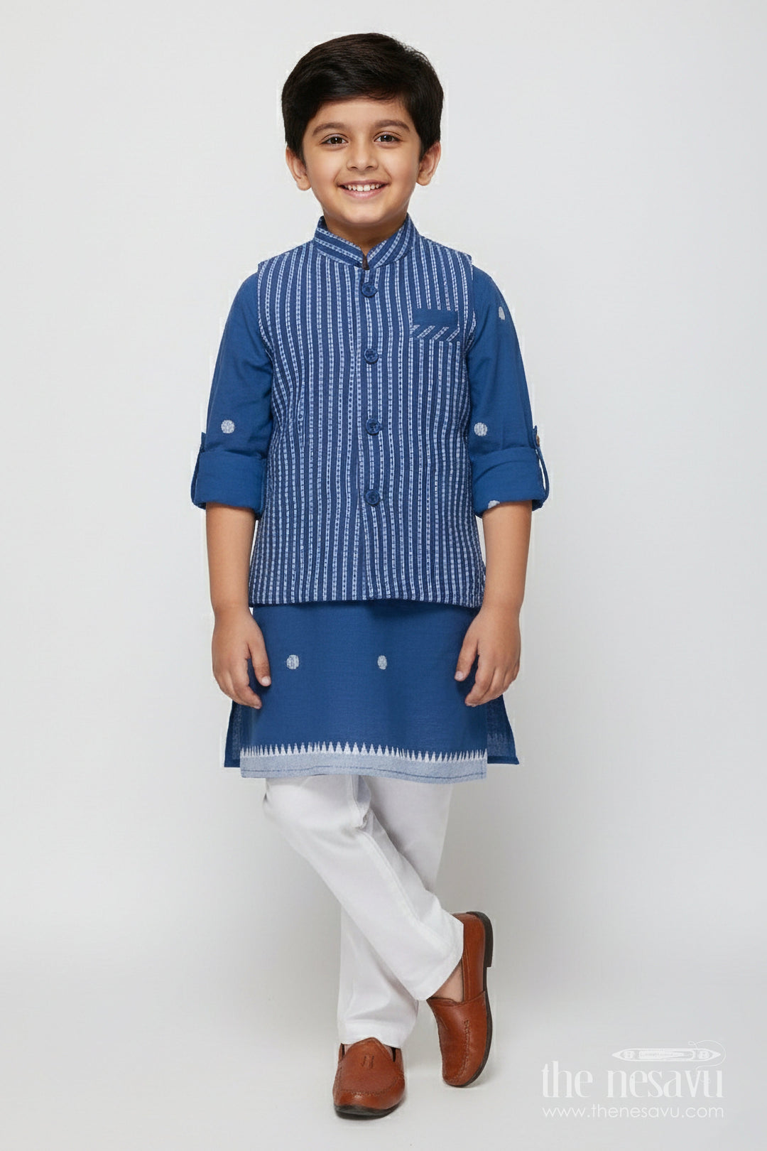 The Nesavu Boys Jacket Sets Boys Jacket Kurta Set for School Ethnic Days and Family Functions Nesavu 16 (1Y) / Blue BES920A-16 Nesavu boys handloom jacket kurta set jacquard weave ethnic school events poojas