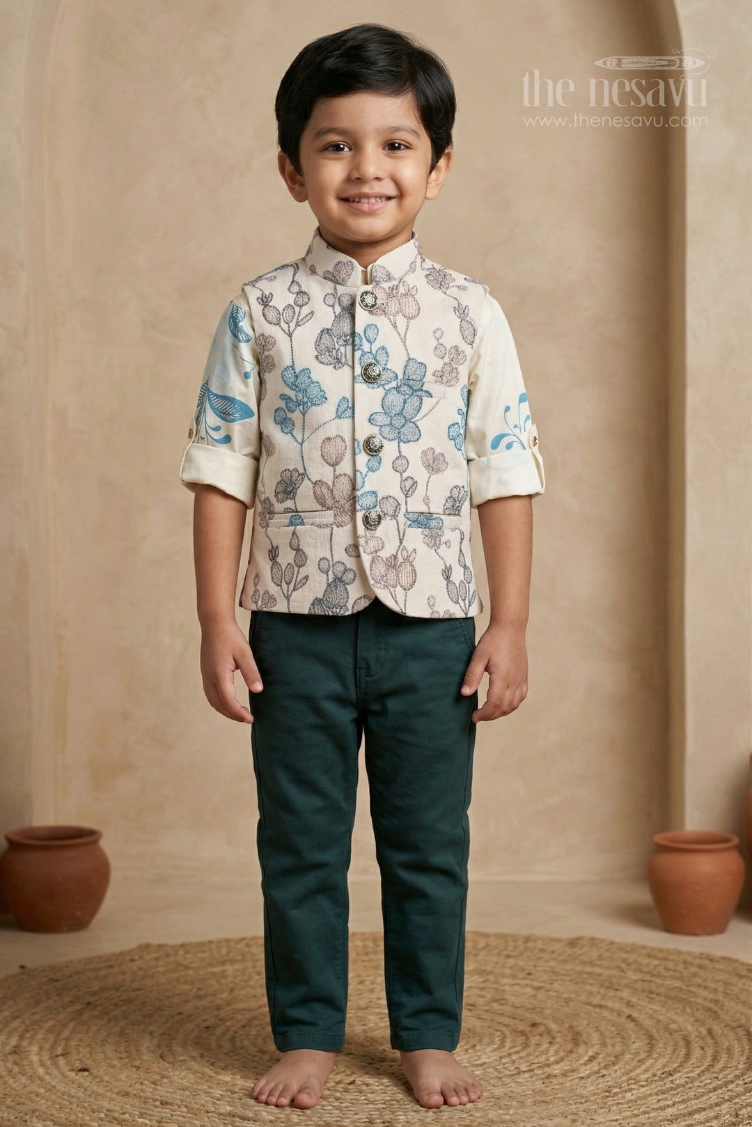 The Nesavu Boys Jacket Sets Boys Jacket Set for Festive Celebrations and Special Occasions Nesavu 14 (6M) / Green / Viscose BES967A-14 Nesavu boys viscose blend jacket set with designer jacket for festive celebrations and weddings