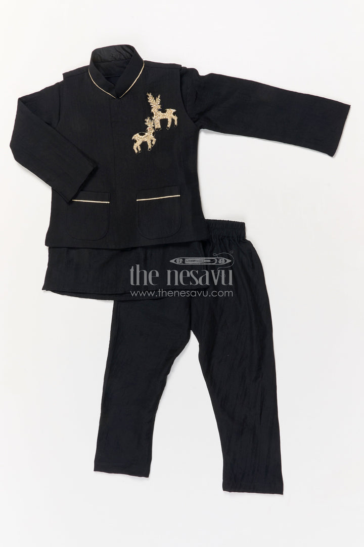 The Nesavu Boys Jacket Sets Boys Jacket Set for Festive Events and Family Functions Nesavu 16 (1Y) / Black / Silk Blend BES737C-16 Nesavu boys jacket set for festive occasions in black blend silk with embroidery