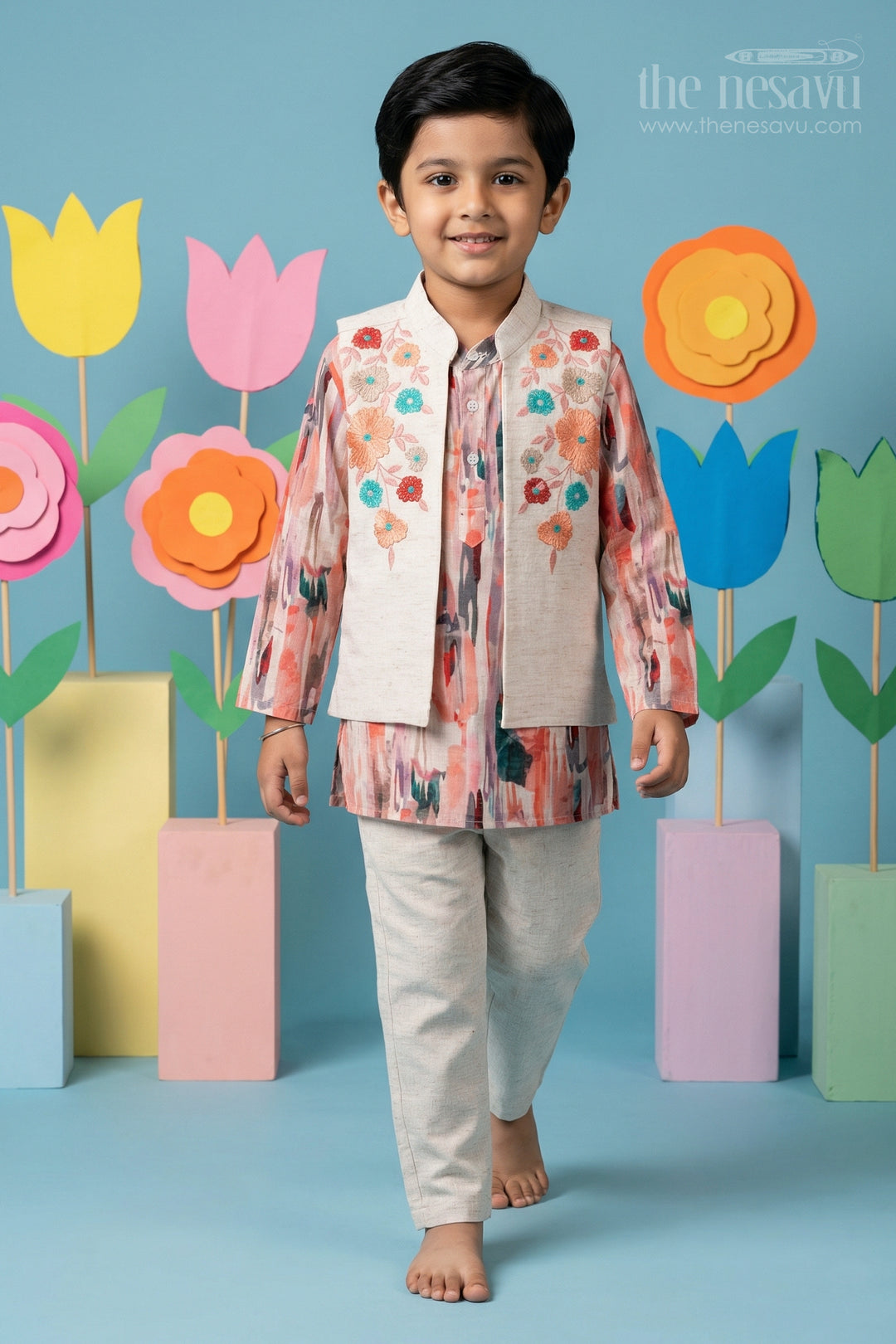 The Nesavu Boys Jacket Sets Boys Jacket Set for Festive Occasions and Birthday Celebrations Nesavu 16 (1Y) / Pink / Cotton BCS579B-16 Nesavu boys cotton jacket set with digital print jacket for festive celebrations and weddings