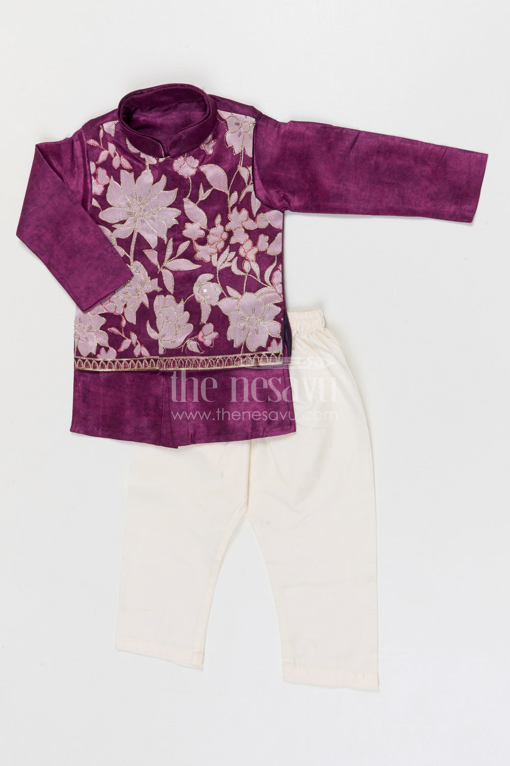 The Nesavu Boys Jacket Sets Boys Jacket Set for Festive Weddings and Traditional Functions Nesavu 14 (6M) / Maroon / Viscose Silk BES954A-14 Nesavu boys viscose blend silk jacket set with embroidered jacket for weddings