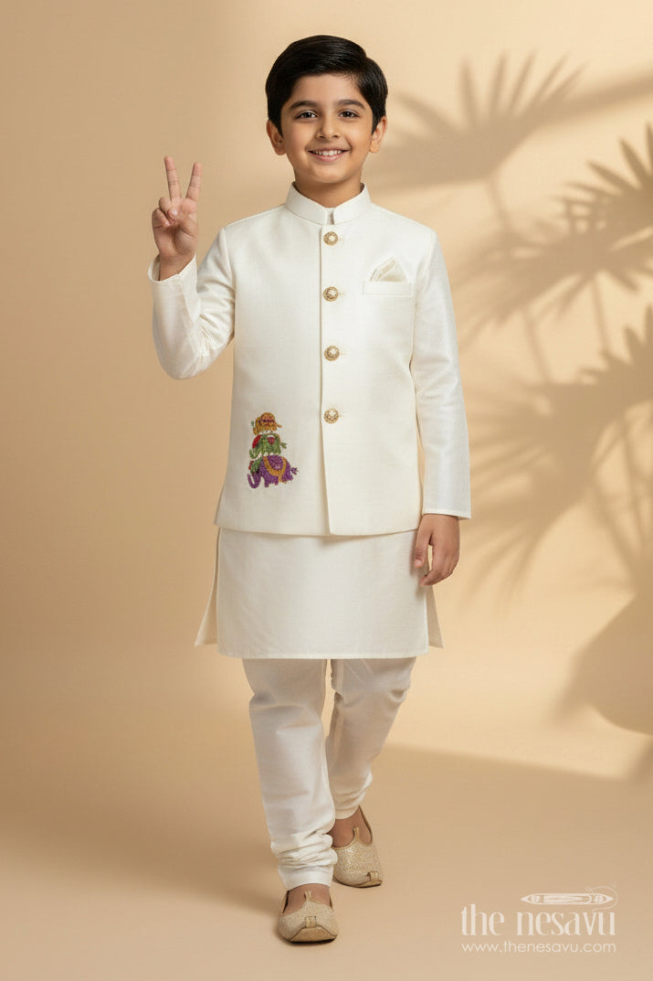 The Nesavu Boys Jacket Sets Boys Jacket Set for Weddings and Traditional Family Celebrations Nesavu Nesavu boys embroidered jacket dhoti set silk weddings naming ceremony celebrations