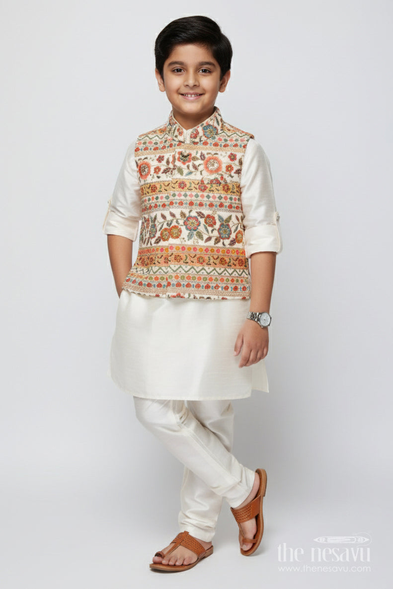 The Nesavu Boys Jacket Sets Boys Jacket Set for Weddings and Traditional Family Occasions Nesavu 16 (1Y) / Cream BES830A-16 Nesavu boys ethnic jacket set designer Nehru jacket kurta festive celebrations