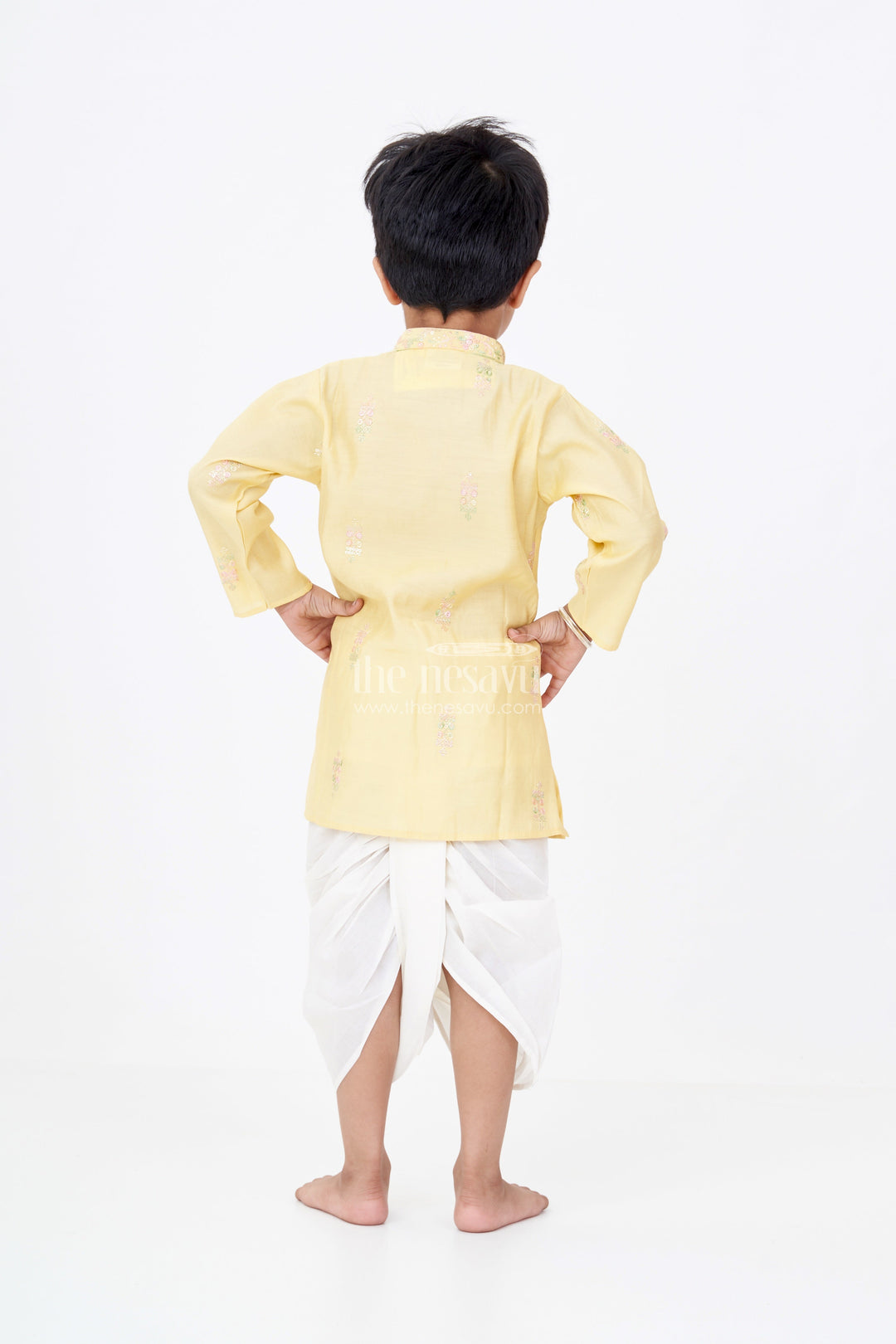 The Nesavu Boys Dothi Set Boys Kurta and Dhoti Pant Set in Yellow Silk Blend with Delicate Embroidery Accents Nesavu Nesavu Boys Silk Blend Kurta Dhoti Pant Set Embroidered Yellow Top Classic Styling