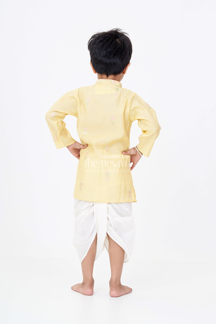 The Nesavu Boys Dothi Set Boys Kurta and Dhoti Pant Set in Yellow Silk Blend with Delicate Embroidery Accents Nesavu Nesavu Boys Silk Blend Kurta Dhoti Pant Set Embroidered Yellow Top Classic Styling
