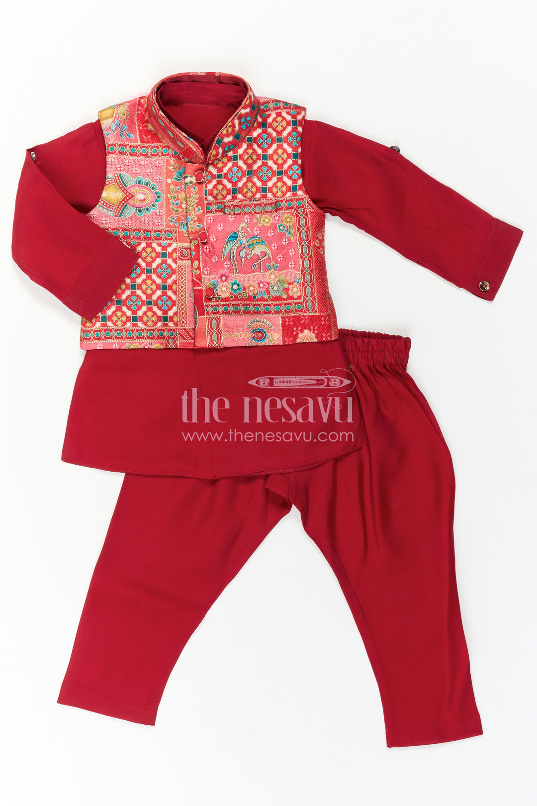 The Nesavu Boys Jacket Sets Boys Kurta Jacket Set for Festive Occasions and Family Weddings Nesavu Nesavu Boys Festive Kurta Jacket Set With Printed Ethnic Jacket For Weddings And Celebrations