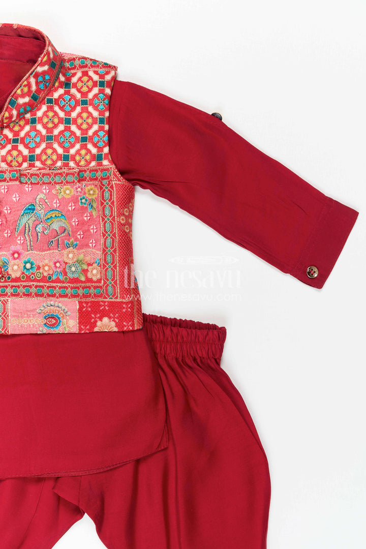 The Nesavu Boys Jacket Sets Boys Kurta Jacket Set for Festive Occasions and Family Weddings Nesavu Nesavu Boys Festive Kurta Jacket Set With Printed Ethnic Jacket For Weddings And Celebrations