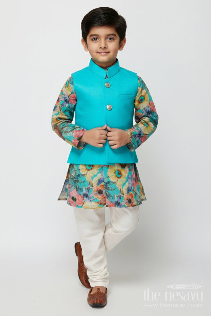 The Nesavu Boys Jacket Sets Boys Kurta Pant Set with Printed Jacket for Birthdays and Ethnic School Days Nesavu 16 (1Y) / Blue BES845A-16 Nesavu boys kurta pant set with printed Nehru jacket for birthdays and ethnic day at school